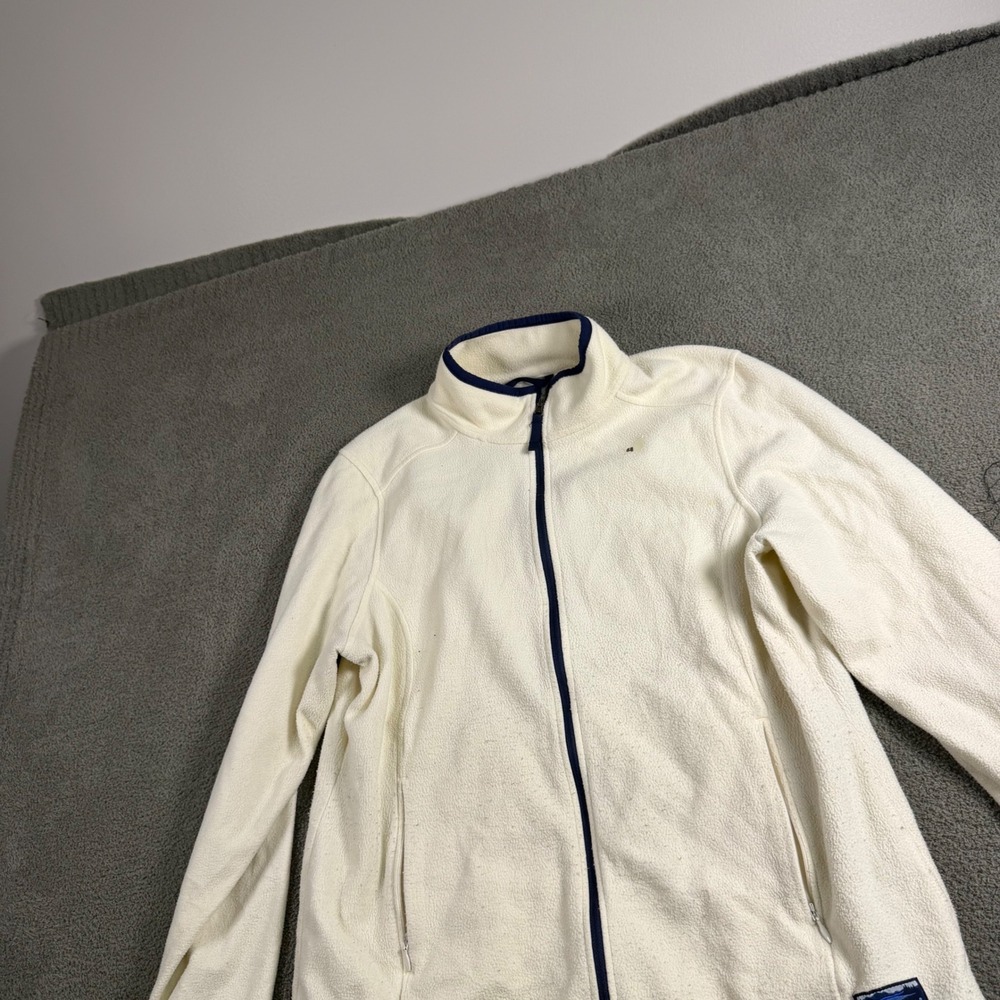 LL Bean Womens Fleece Jacket Medium Petite Cream Navy Blue Full Zip Mock Neck